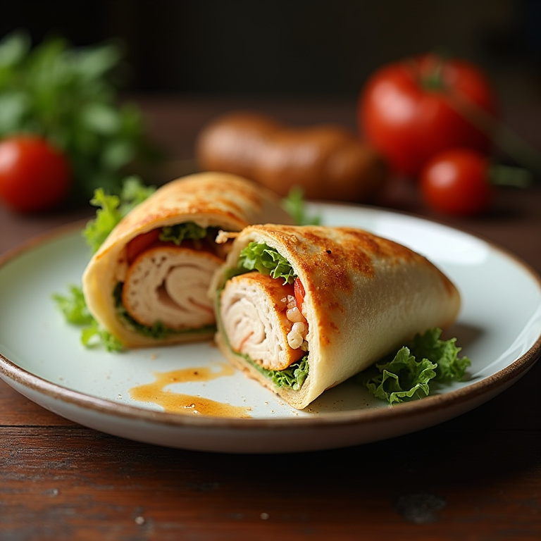 A beautifully plated chicken wrap cut in half, showcasing the filling. Professional food Wrap de frango desfiado com legumes, pronto para saborear.