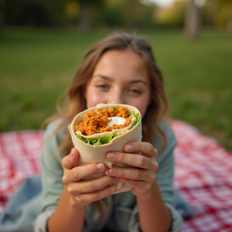 A person enjoying a chicken wrap outdoors, picnic setting with a checkered blanket. Lifestyle Wrap de frango desfiado, perfeito para um piquenique ao ar livre.