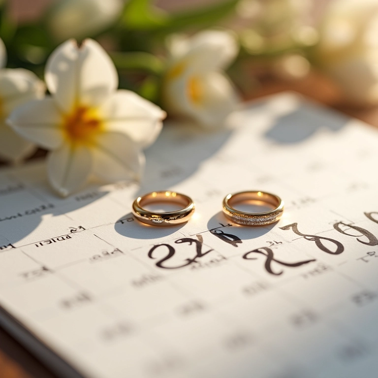 Alianças de casamento sobre um calendário marcando a data especial, com flores e luz natural.