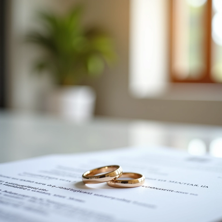 Alianças entrelaçadas sobre contrato de regime de bens, simbolizando o planejamento financeiro do casamento.