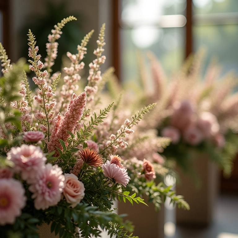 Altar de casamento decorado com delicados arranjos de flores do campo.