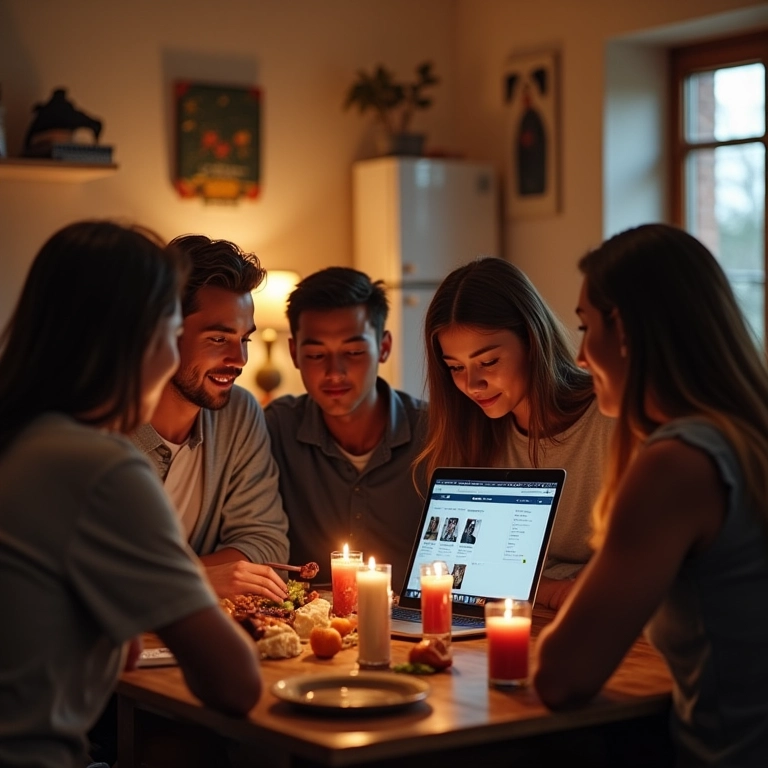 Amigos planejando after-party em apartamento aconchegante.