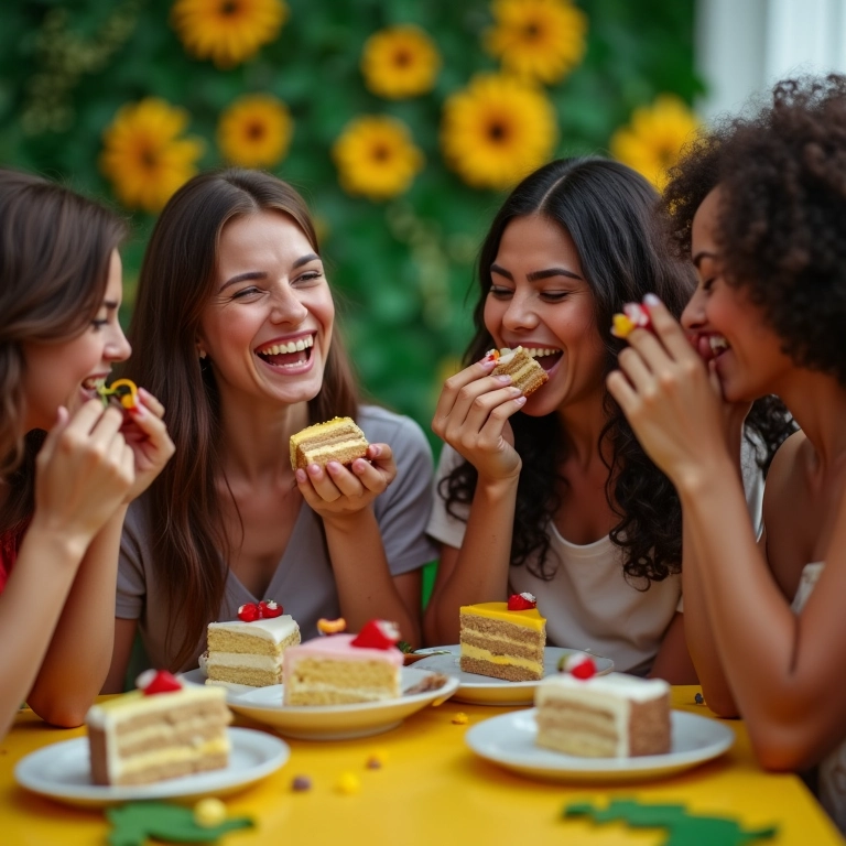 Amigos provando diferentes sabores de bolo em mesa decorada.