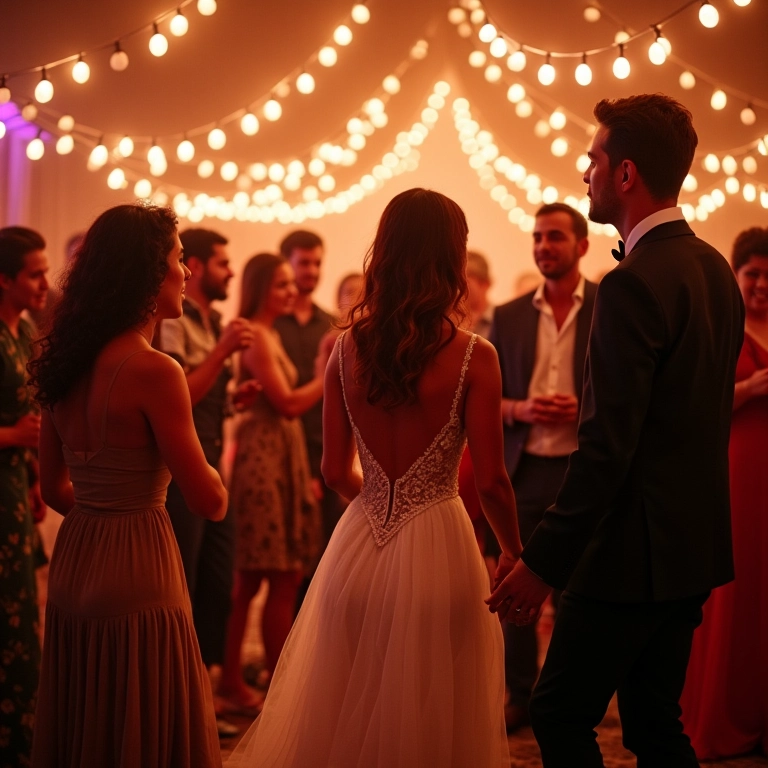 Animação vibrante em festa de casamento com convidados diversos dançando.