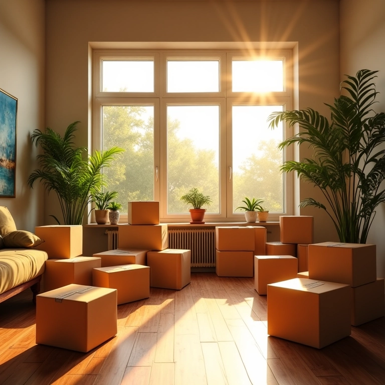 Apartamento novo com caixas de mudança, decoração vibrante e luz natural.
