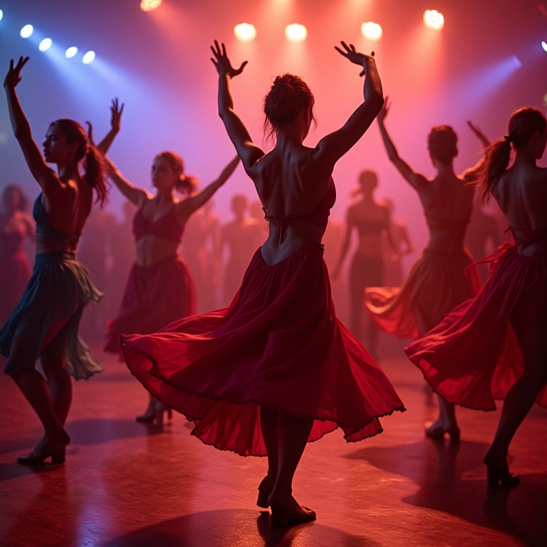 Apresentação de dança em um casamento com dançarinos em trajes coloridos.