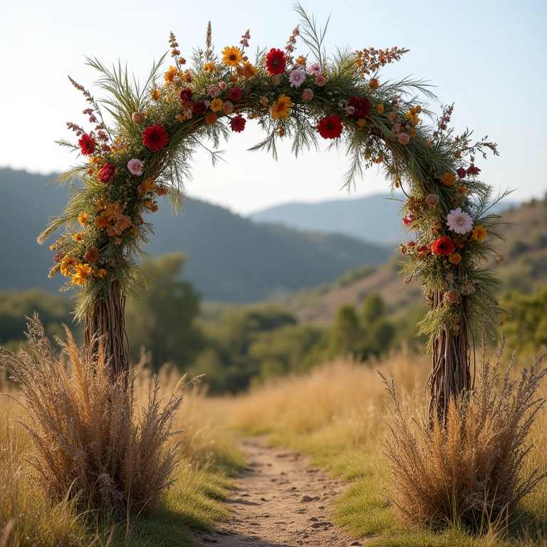 Arco de casamento boho decorado com capim dos pampas.