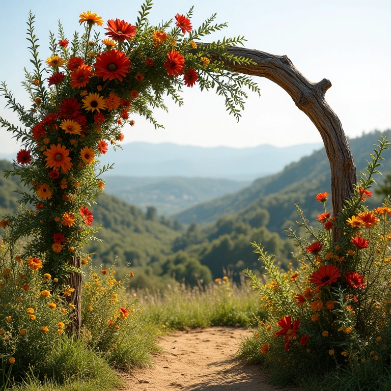 Arco de madeira rústico decorado com flores silvestres vibrantes em casamento natural.
