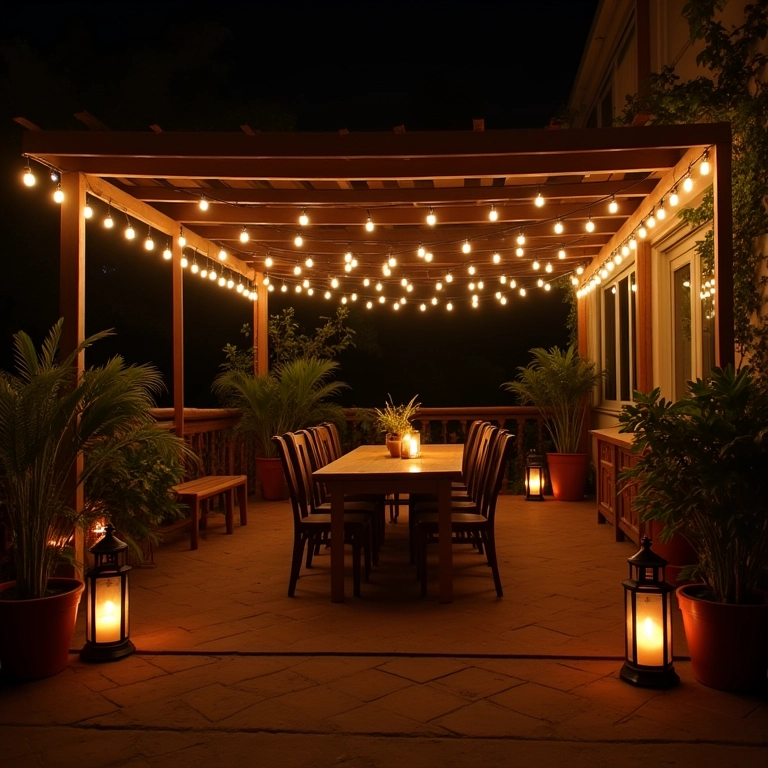 Área externa aconchegante iluminada à noite com luzes e lanternas.