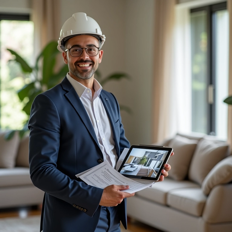 Arquiteta apresentando dicas de decoração em tablet.