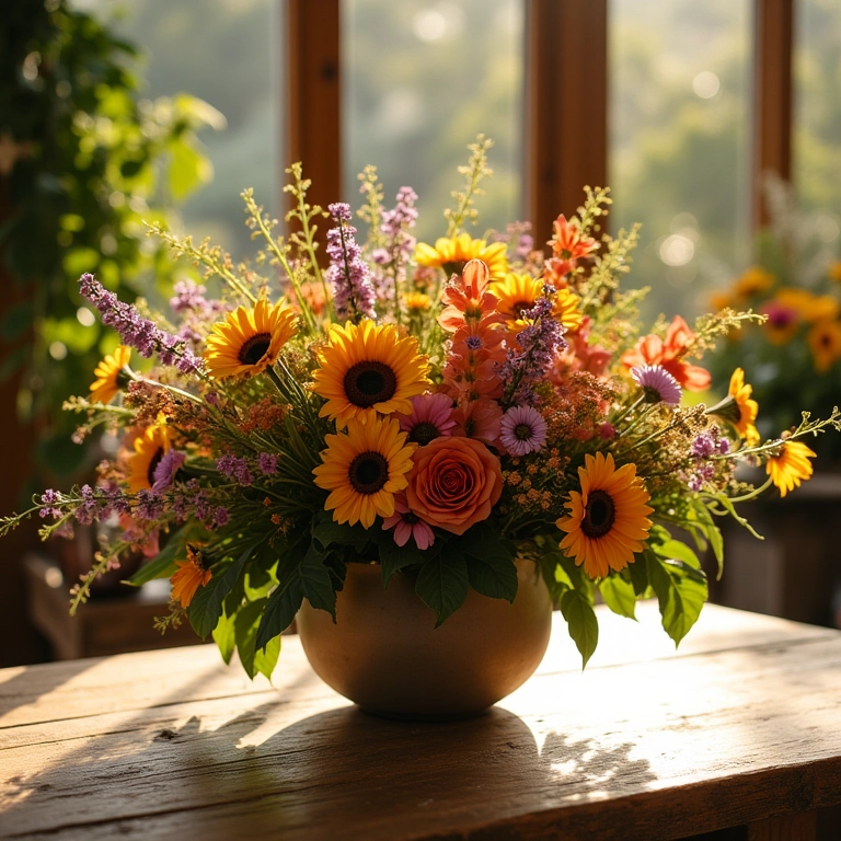 Arranjo central vibrante de flores do campo em mesa de madeira rústica.