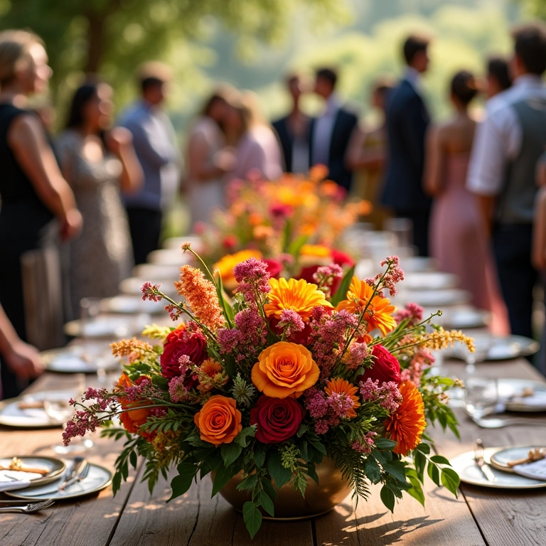 Arranjo de flores colorido vibrante como centro de mesa em festa de casamento.