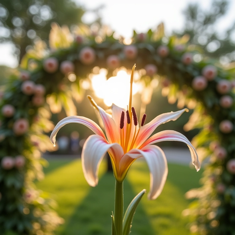 Arranjo de lírios artificiais em arco de casamento ao ar livre.