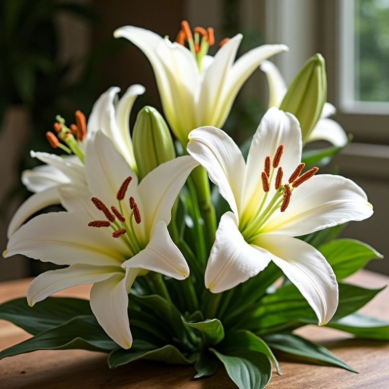 Arranjo de lírios brancos em centro de mesa de casamento elegante com decoração brasileira vibrante.