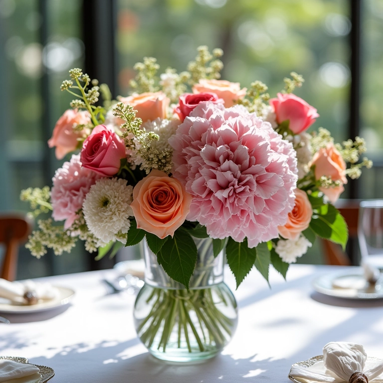 Arranjo floral central com rosas e hortênsias em vaso de vidro.