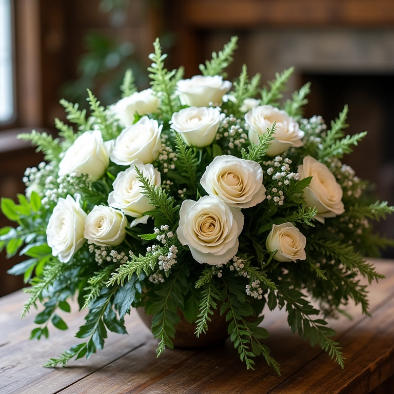 Arranjo floral em cascata exuberante com rosas brancas e folhagens.