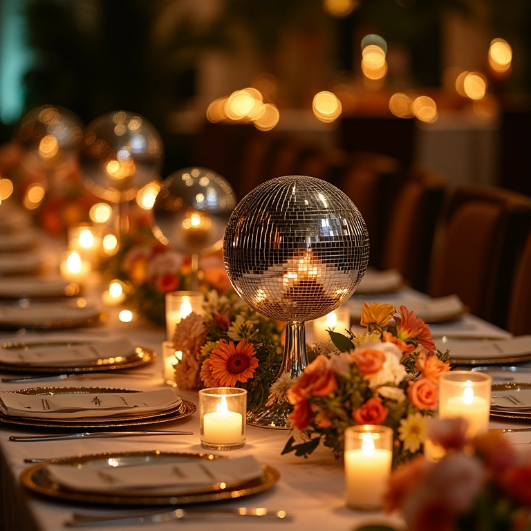 Arranjos de mesa com mini globos de espelhos.