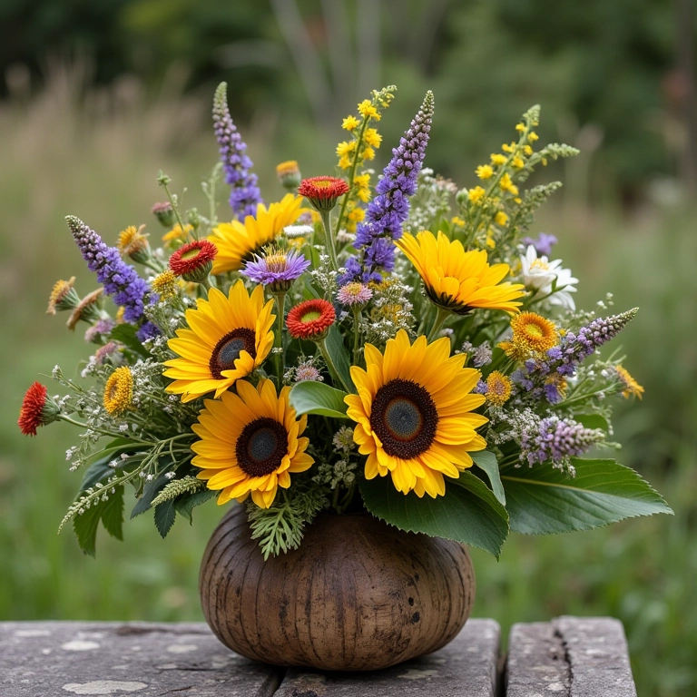 Arranjos florais rústicos para casamento com flores silvestres e girassóis.