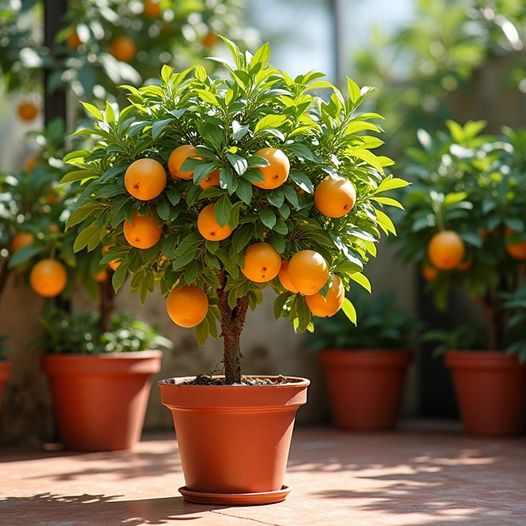 Árvores frutíferas em vasos decorando área externa.
