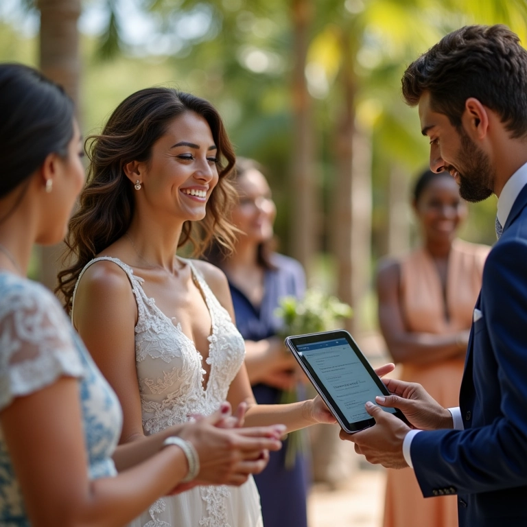 Assessora de casamento coordenando fornecedores ao ar livre.
