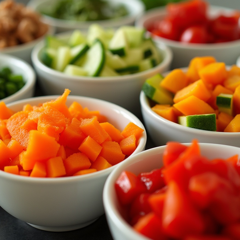 Assortment of colorful chopped vegetables (carrots, cucumbers, bell peppers) in bowls, ready for a Legumes frescos e coloridos para um wrap nutritivo.