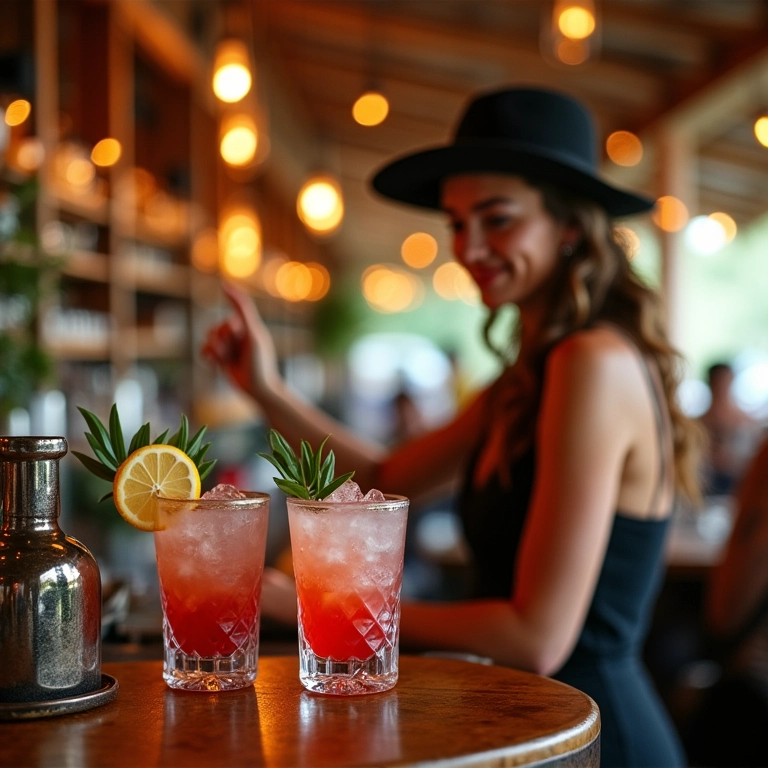 Bar de drinks animado com bartender servindo drinks criativos.