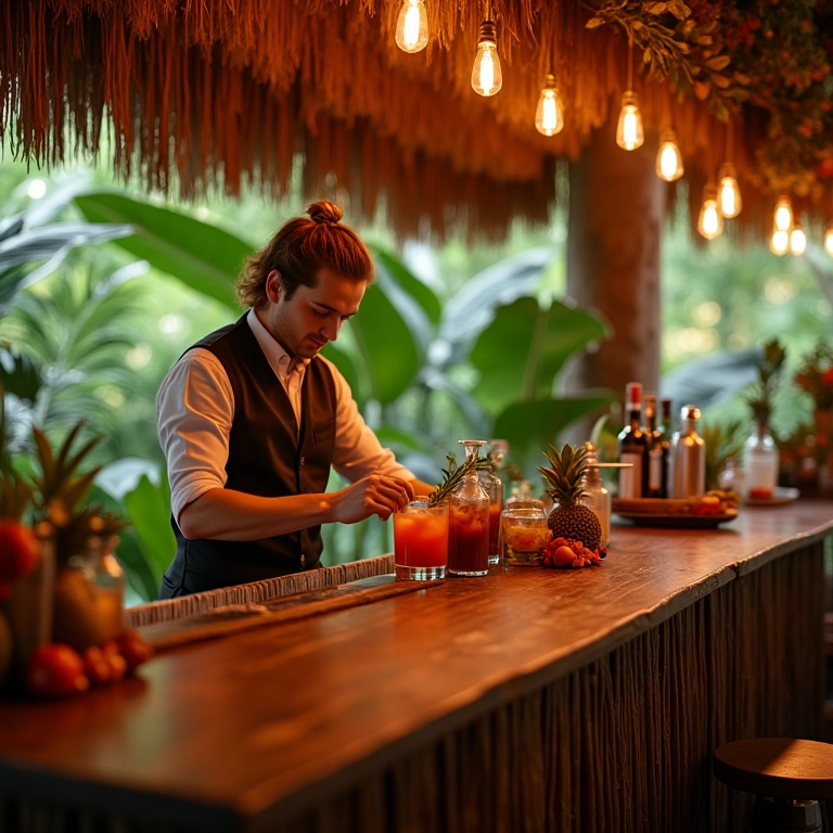 Bar de drinks exóticos em uma recepção de casamento com decoração tropical.