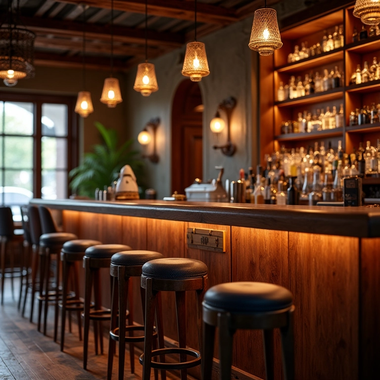 Bar de madeira com cadeiras e bancos confortáveis.