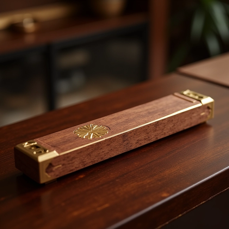 Bar de madeira com detalhes em cobre e dourado.