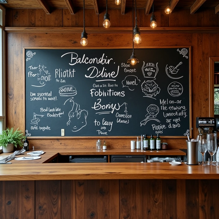 Bar de madeira com lousa para mensagens criativas.