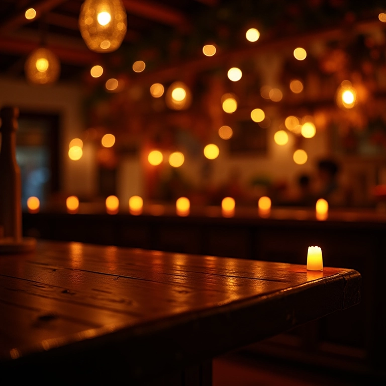 Bar de madeira iluminado com luzes de fada romântico.