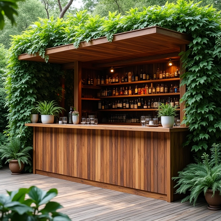 Bar de madeira integrado à natureza exuberante.