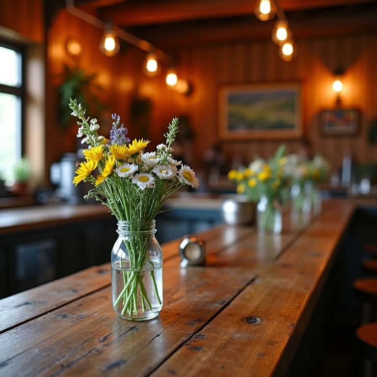 Bar de madeira rústico com decoração campestre charmosa.