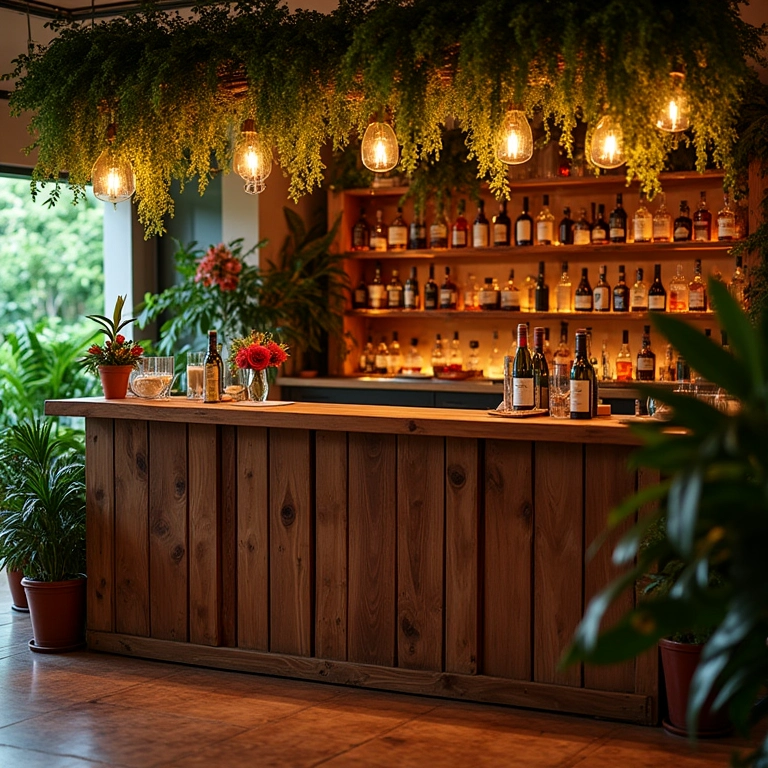 Bar de madeira rústico em casamento brasileiro vibrante.