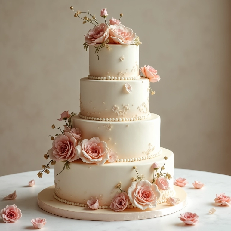 Bolo de casamento clássico de andares com decoração floral.