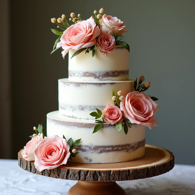 Bolo de casamento decorado com flores em estilo rústico.