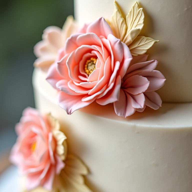 Bolo de casamento decorado com pasta americana e flores de açúcar.