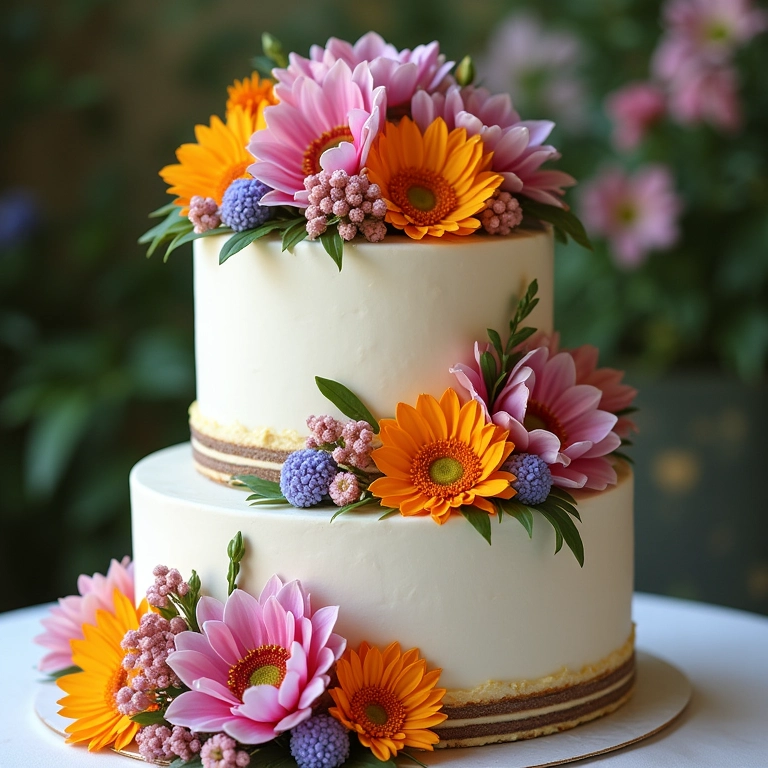 Bolo de casamento deslumbrante com flores naturais vibrantes.