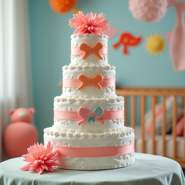 Bolo de fraldas decorativo de vários andares com fitas e enfeites de bebê.