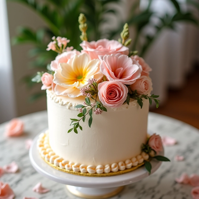Bolo decorado para chá de panela com flores e cores pastel.