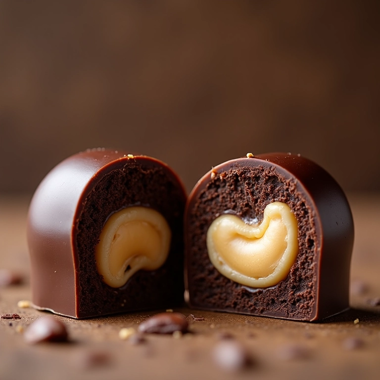 Bombom de chocolate com recheio de castanhas, uma explosão de sabor sem lactose.