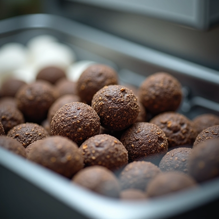 Brigadeiros gourmet sendo congelados em recipiente para freezer.