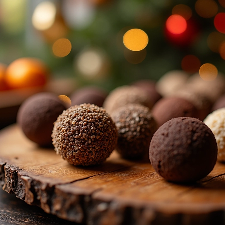 Brigadeiros gourmet variados em mesa de madeira rústica, perfeitos para festa.