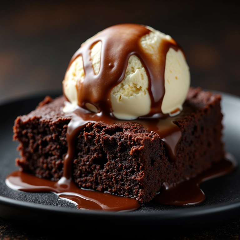 Brownie com sorvete e ganache de chocolate em prato escuro.