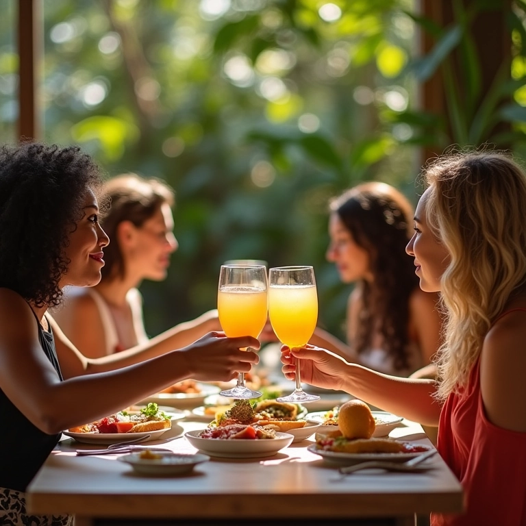 Brunch elegante com amigas em ambiente vibrante e decoração brasileira.