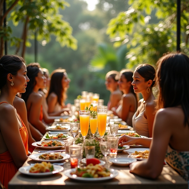 Brunch em jardim elegante com bar de mimosas e buffet.
