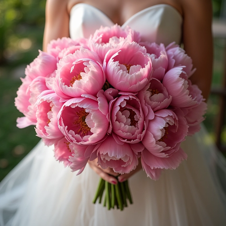 Buquê de noiva exuberante com peônias rosas.