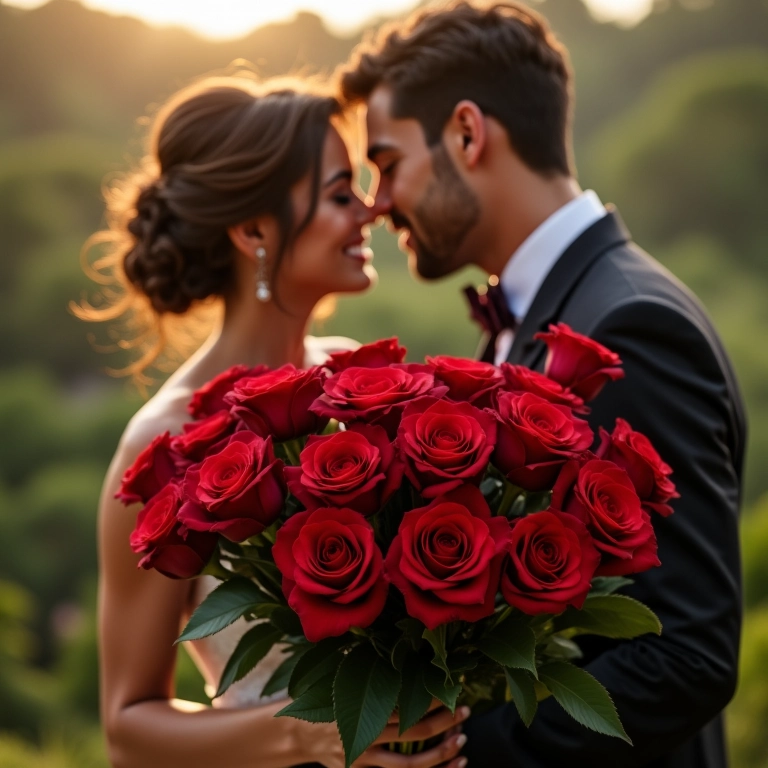 Buquê de rosas vermelhas, simbolizando amor e paixão.