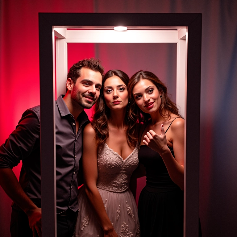 Cabine de fotos divertida em um casamento com adultos posando com adereços.