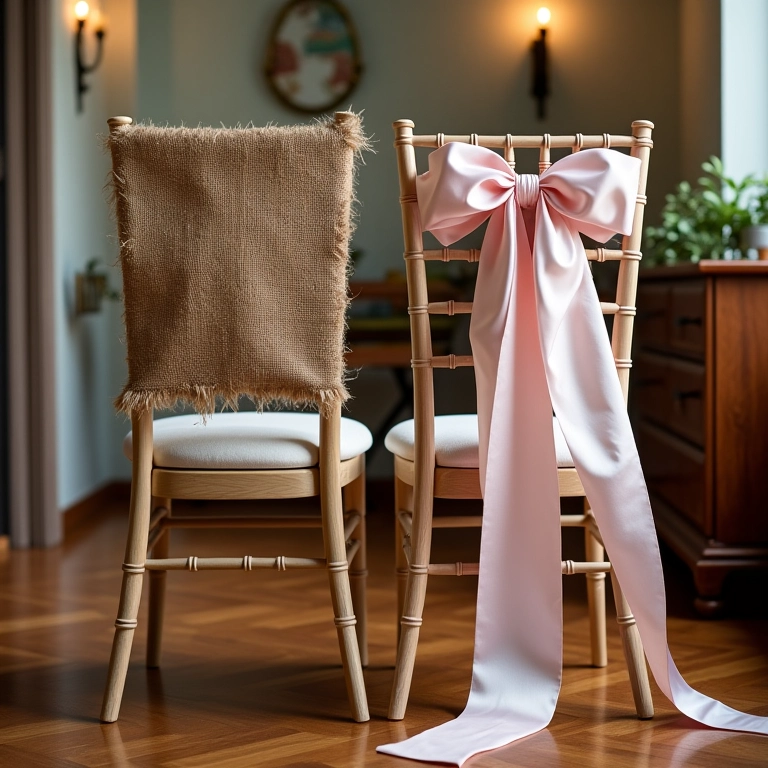 Cadeiras dos noivos com estilos diferentes: rústico e elegante.